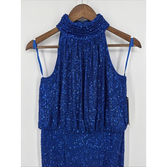 Eliza J Size 6 Blue Sequined Sleeveless Mock Neck Blouson Cocktail Midi Dress - Picture 4 of 10